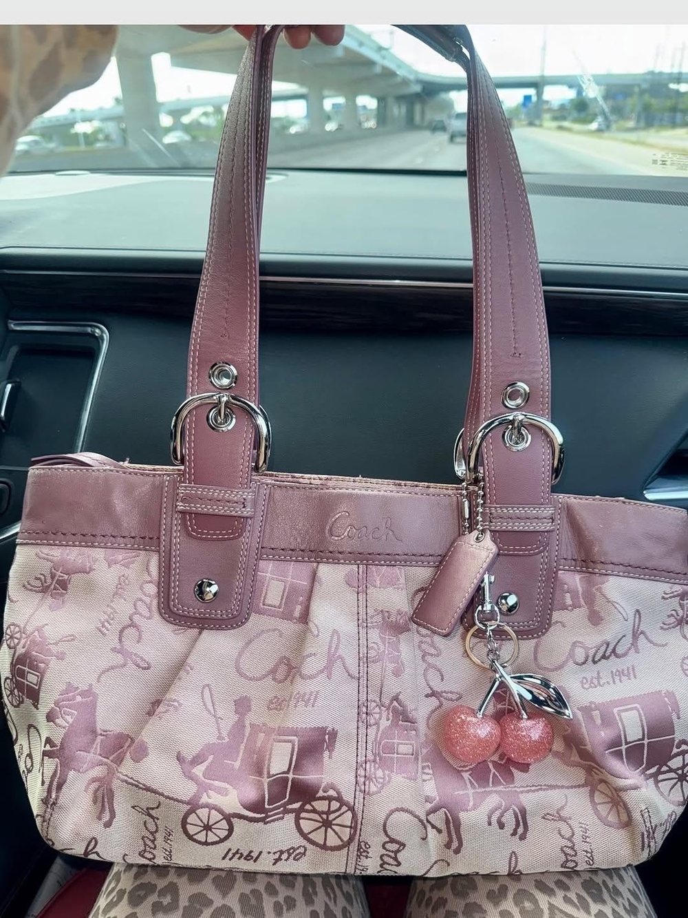 Vintage Coach Pink Canvas and Leather Cherry Charm Shoulder Bag